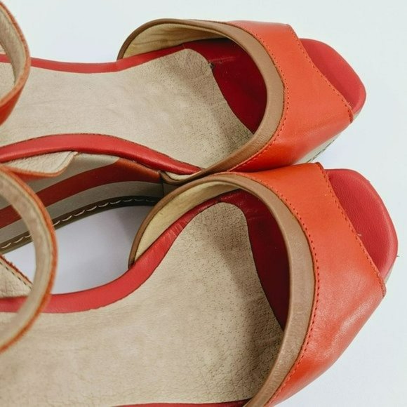 Malu Wedge Sandals 10 Super Comfort Orange Tan Stripe Tall Open Toe Ankle Straps - Picture 10 of 13